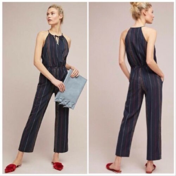 Anthropologie Pants - Anthropologie Dolan Women’s Navy Blue HalterJumpsuit Rainbow Stripe Size Small